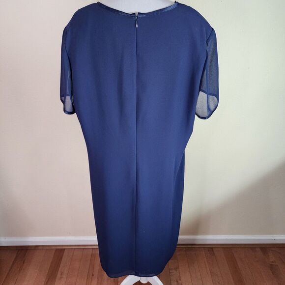 Liz Baker Women's Navy Blue Short Sleeve Shift Dress Size 18 Embroidered Layered - Picture 5 of 8